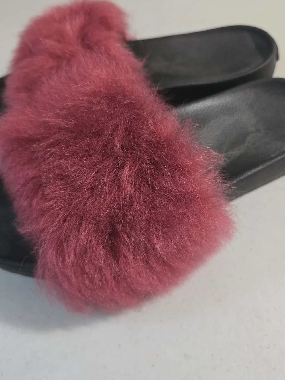 UGG Women's Black Slide Sandals with Burgundy Faux Fur Strap